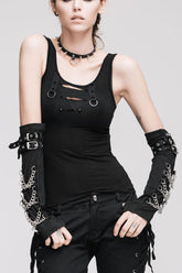 Gilet punk sans manches pour femmes avec anneau en métal à pointe en résine noire brûlée